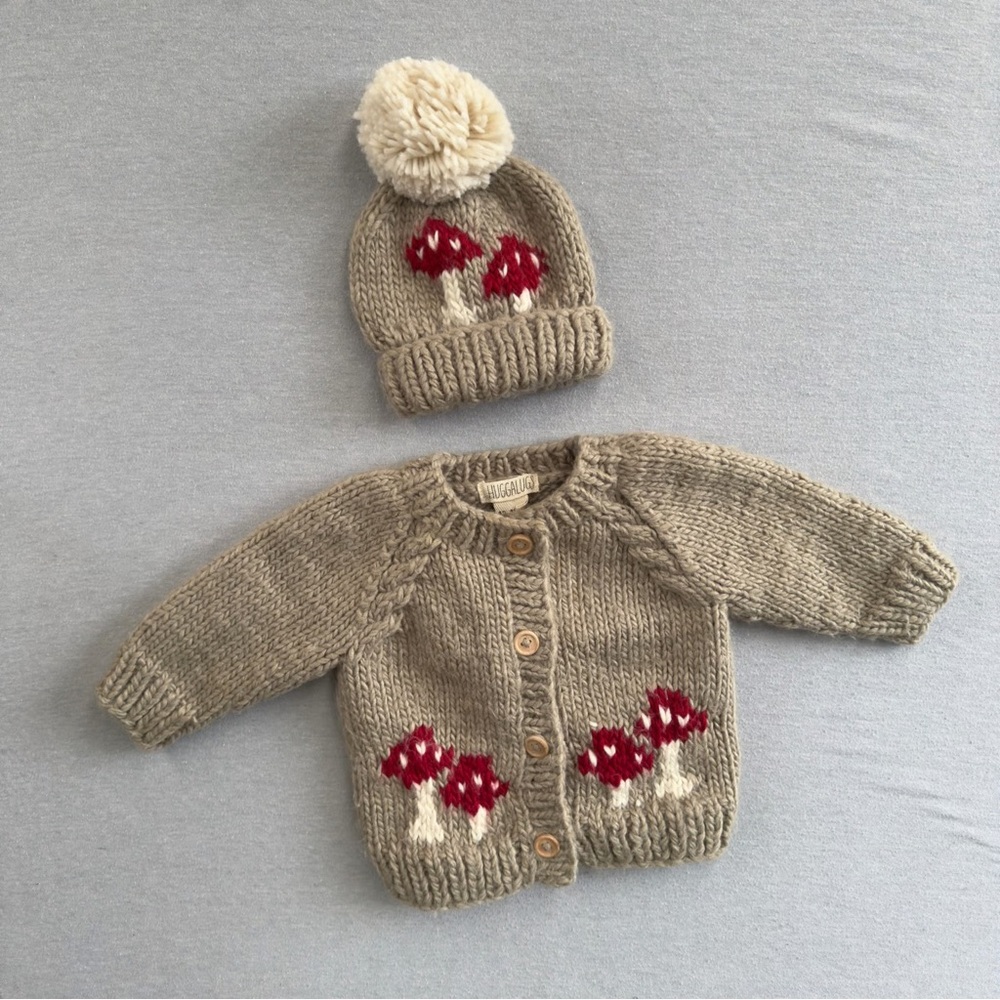 Huggalugs Adorable Knit Cardigan with Mushroom Design AND beanie NWT 0-6